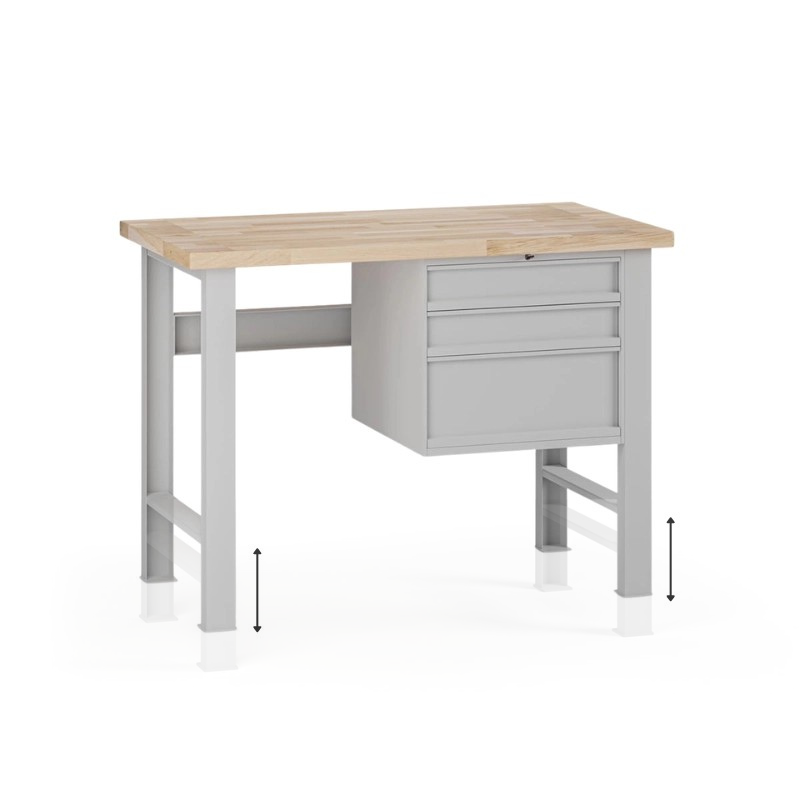 Fotografia produktu: Výškovo nastaviteľný dielenský stôl G7, buková škárovka, 1200 x 685 x 840-1040 mm, 1x kontajner, 3 zásuvky, sivá