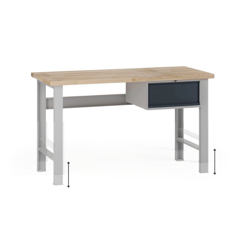 Fotografia produktu: Výškovo nastaviteľný dielenský stôl G7, buková škárovka, 1500 x 685 x 840-1040 mm, 1x kontajner, 1 zásuvka, grafit
