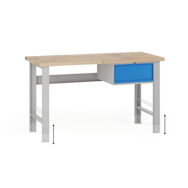 Fotografia produktu: Výškovo nastaviteľný dielenský stôl G7, buková škárovka, 1500 x 685 x 840-1040 mm, 1x kontajner, 1 zásuvka, modrá