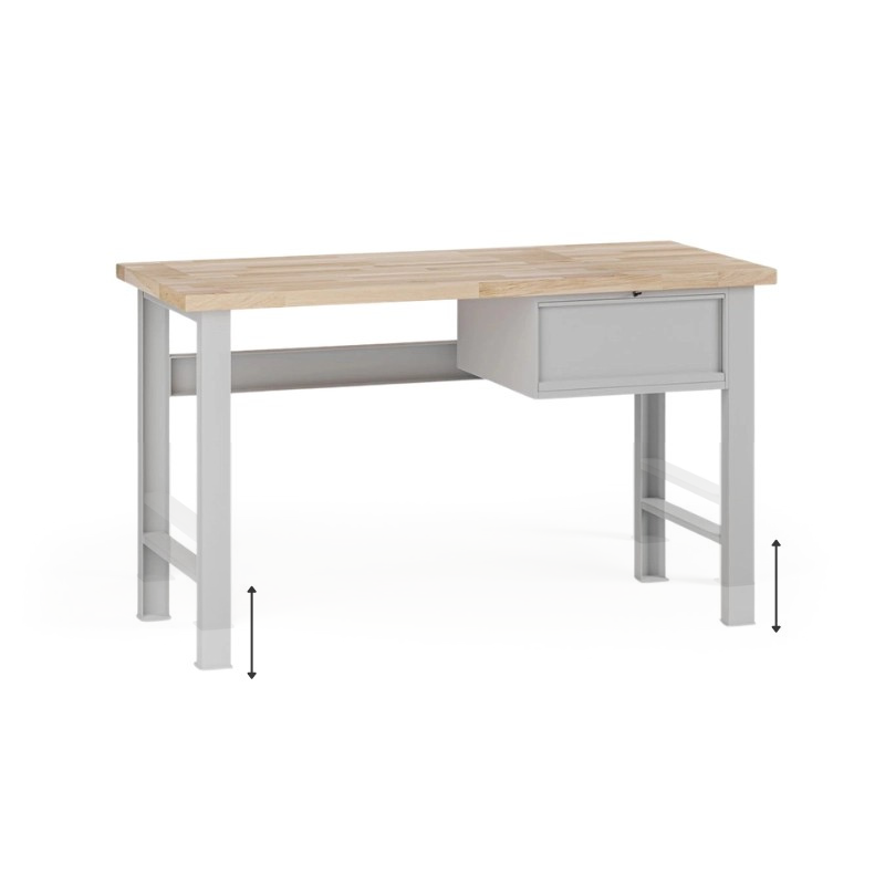 Fotografia produktu: Výškovo nastaviteľný dielenský stôl G7, buková škárovka, 1500 x 685 x 840-1040 mm, 1x kontajner, 1 zásuvka, sivá