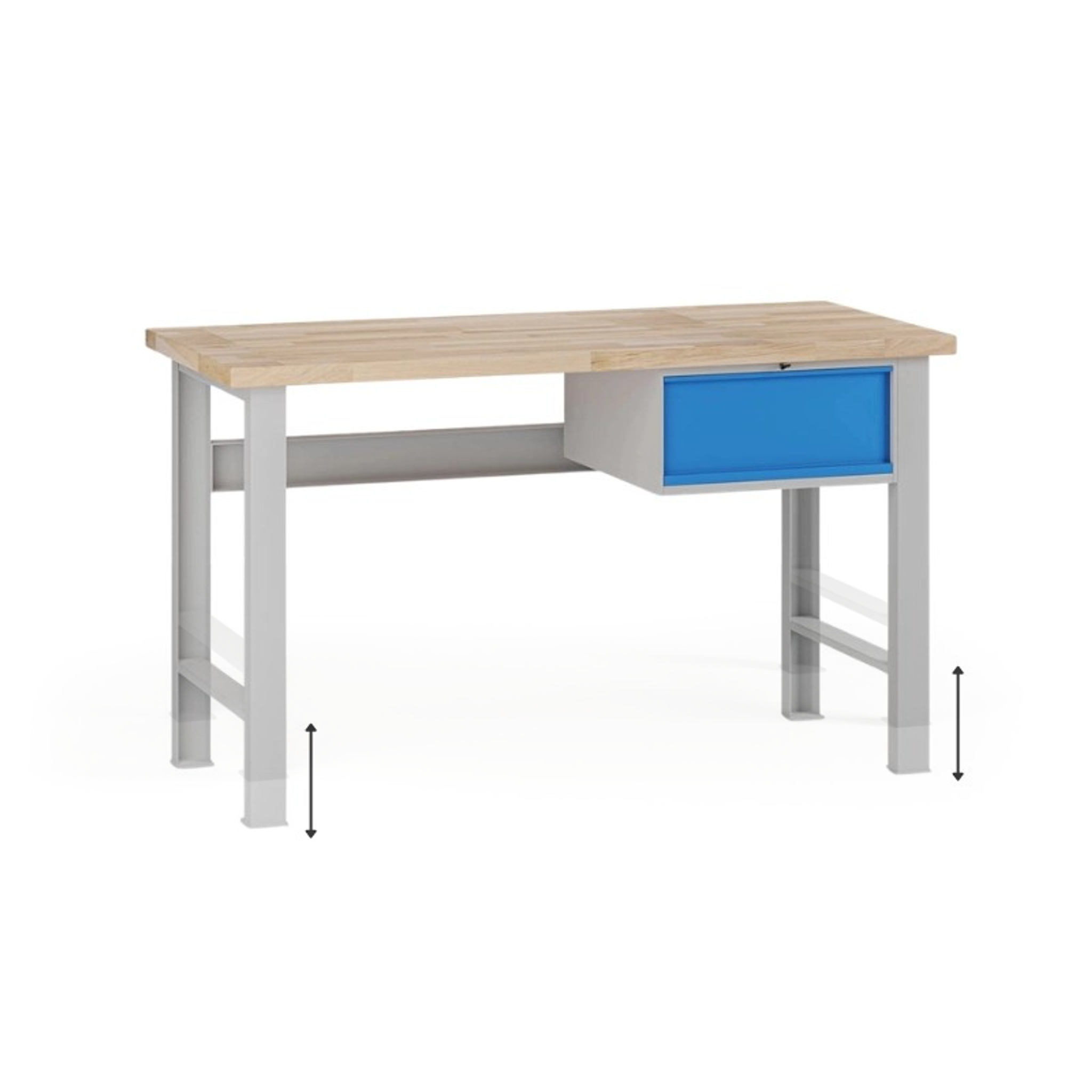Výškovo nastaviteľný dielenský stôl G7, buková škárovka, 1500 x 800 x 840-1040 mm, 1x kontajner, 1 zásuvka