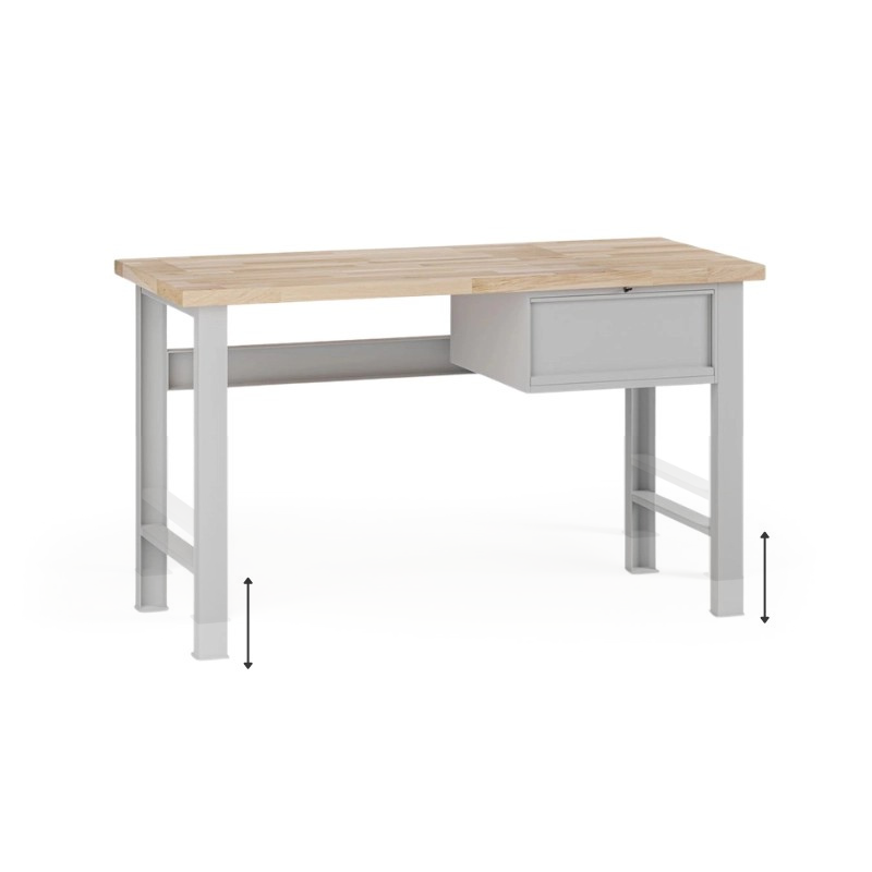 Fotografia produktu: Výškovo nastaviteľný dielenský stôl G7, buková škárovka, 1500 x 800 x 840-1040 mm, 1x kontajner, 1 zásuvka, sivá