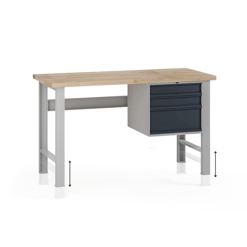 Fotografia produktu: Výškovo nastaviteľný dielenský stôl G7, buková škárovka, 1500 x 800 x 840-1040 mm, 1x kontajner, 3 zásuvky, grafit