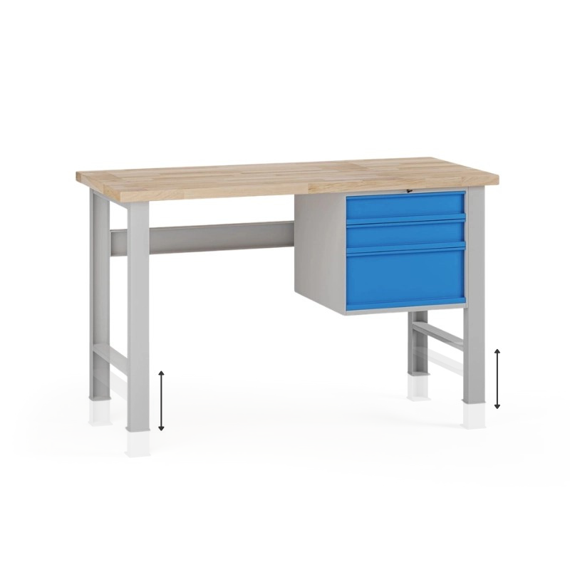 Fotografia produktu: Výškovo nastaviteľný dielenský stôl G7, buková škárovka, 1500 x 800 x 840-1040 mm, 1x kontajner, 3 zásuvky, modrá