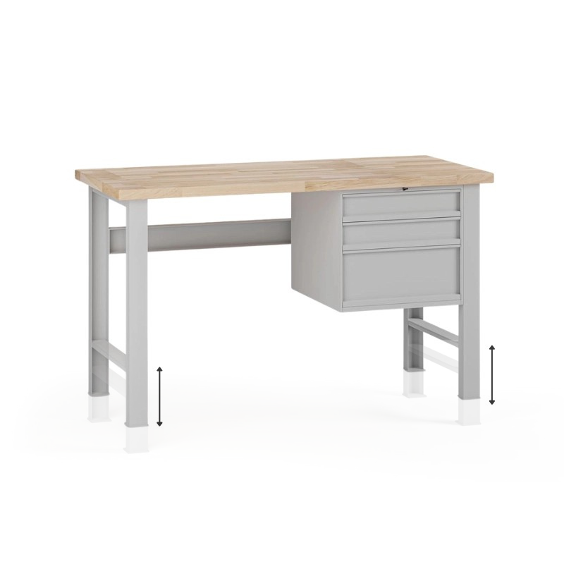 Fotografia produktu: Výškovo nastaviteľný dielenský stôl G7, buková škárovka, 1500 x 800 x 840-1040 mm, 1x kontajner, 3 zásuvky, sivá