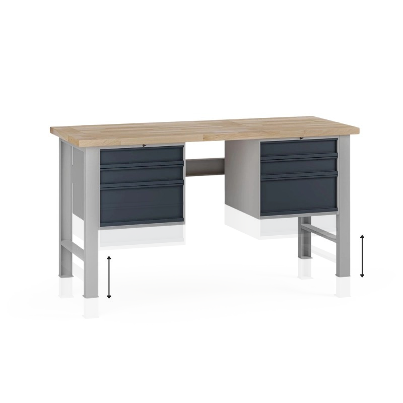 Fotografia produktu: Výškovo nastaviteľný dielenský stôl G7, buková škárovka, 1700 x 685 x 840-1040 mm, 2x kontajner, 6 zásuviek, grafit