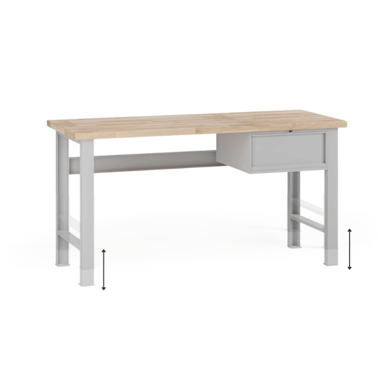 Fotografia produktu: Výškovo nastaviteľný dielenský stôl G7, buková škárovka, 1700 x 800 x 840-1040 mm, 1x kontajner, 1 zásuvka, sivá