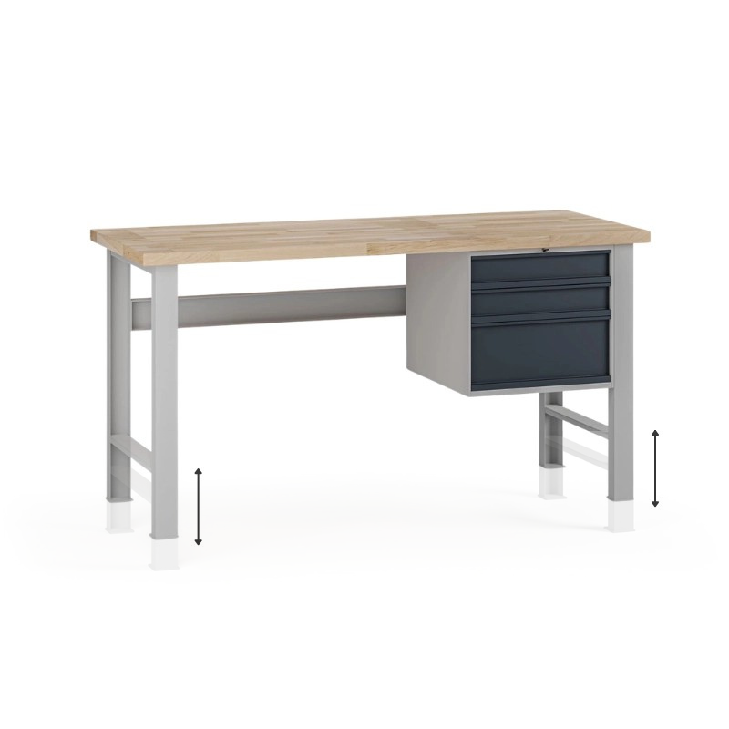 Fotografia produktu: Výškovo nastaviteľný dielenský stôl G7, buková škárovka, 1700 x 800 x 840-1040 mm, 1x kontajner, 3 zásuvky, grafit