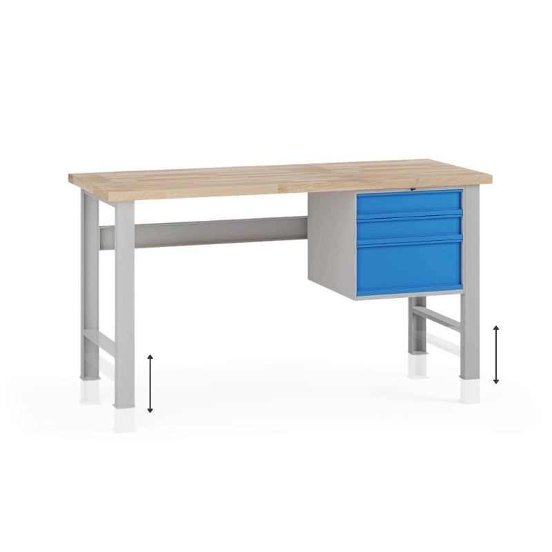 Fotografia produktu: Výškovo nastaviteľný dielenský stôl G7, buková škárovka, 1700 x 800 x 840-1040 mm, 1x kontajner, 3 zásuvky, modrá