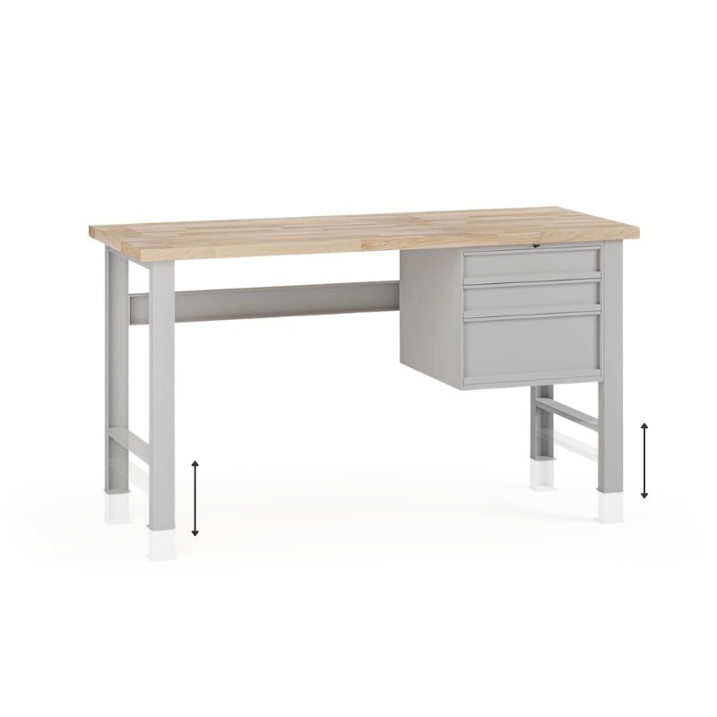Fotografia produktu: Výškovo nastaviteľný dielenský stôl G7, buková škárovka, 1700 x 800 x 840-1040 mm, 1x kontajner, 3 zásuvky, sivá