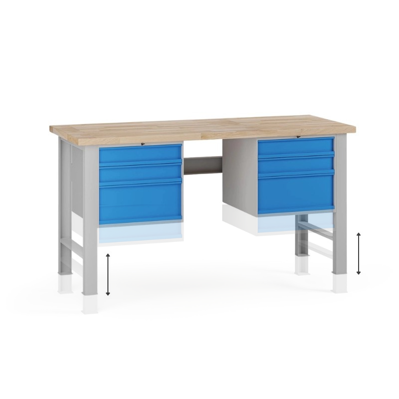 Fotografia produktu: Výškovo nastaviteľný dielenský stôl G7, buková škárovka, 1700 x 800 x 840-1040 mm, 2x kontajner, 6 zásuviek, modrá