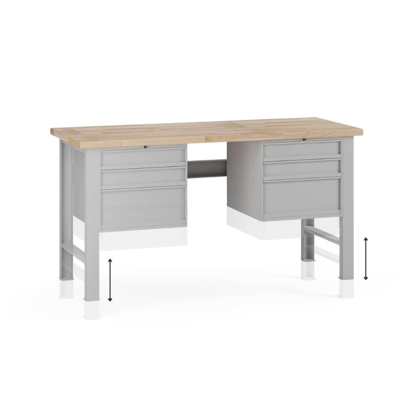 Fotografia produktu: Výškovo nastaviteľný dielenský stôl G7, buková škárovka, 1700 x 800 x 840-1040 mm, 2x kontajner, 6 zásuviek, sivá
