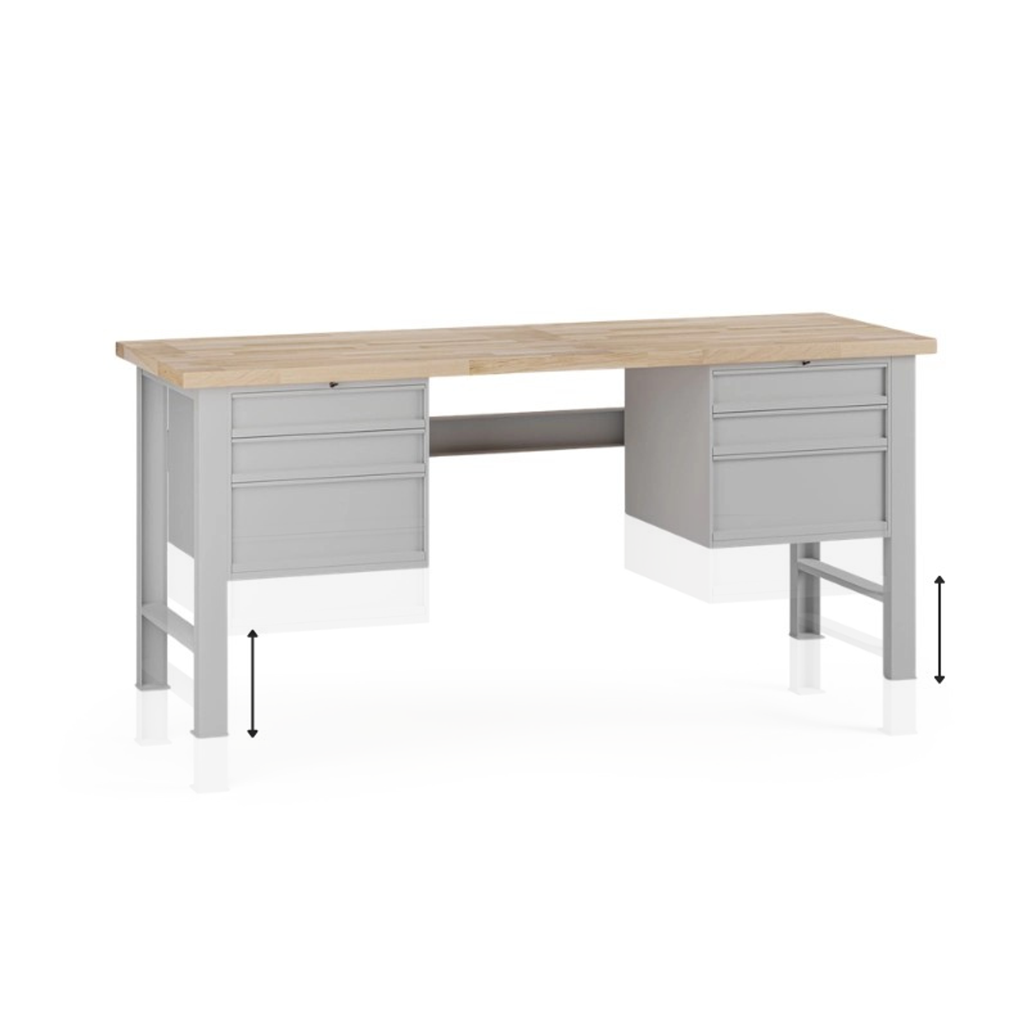 Výškovo nastaviteľný dielenský stôl G7, buková škárovka, 2000 x 685 x 840-1040 mm, 2x kontajner, 6 zásuviek, grau