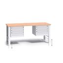 Výškovo nastaviteľný pracovný stôl do dielne G3 s 2 závesnými boxami na náradie, buková škárovka, 6 zásuviek, 2000 x 685 x 840 - 1050 mm, sivá