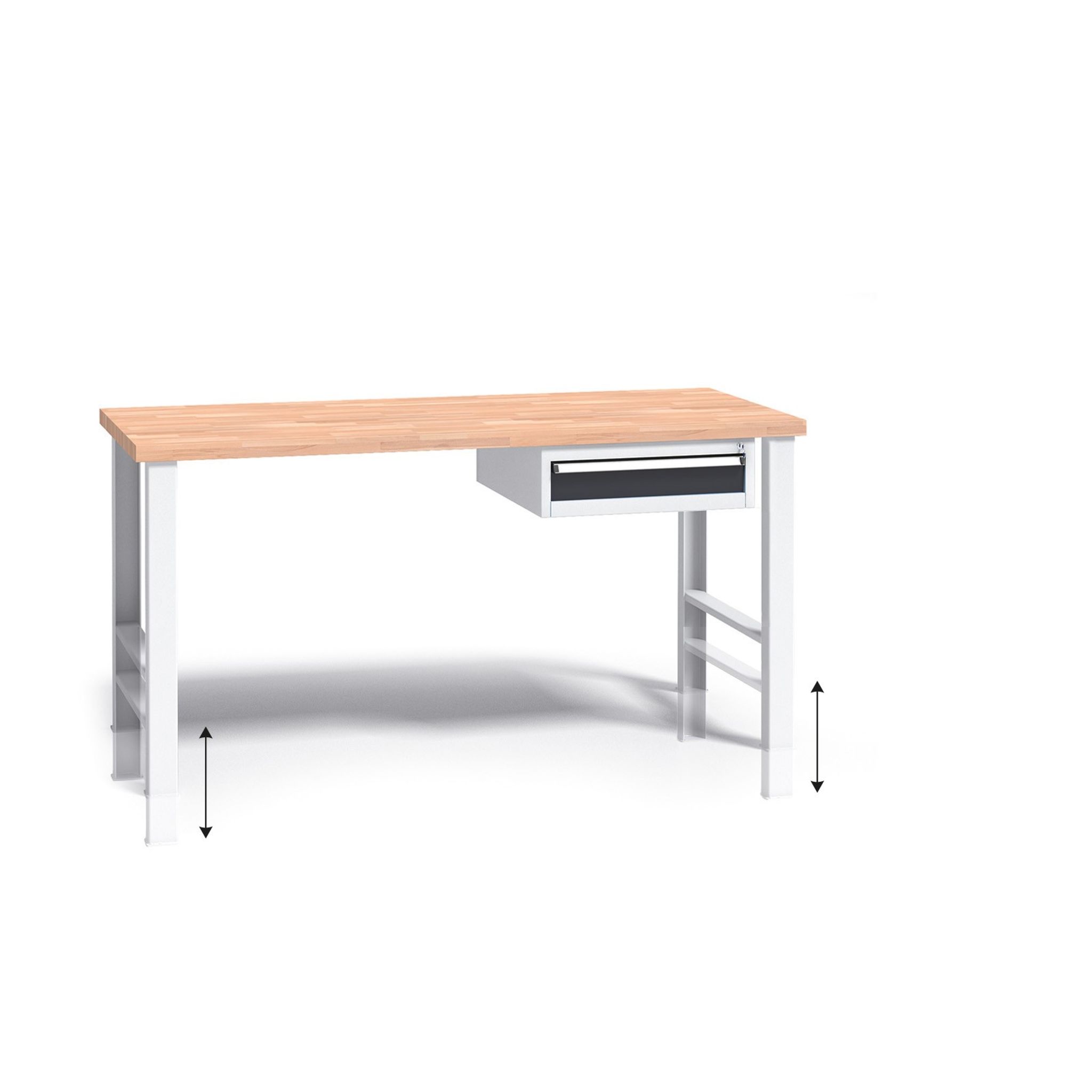 Výškovo nastaviteľný pracovný stôl do dielne G3 so závesným boxom na náradie, buková škárovka, 1 zásuvka, 1500 x 685 x 840 - 1050 mm, grafit