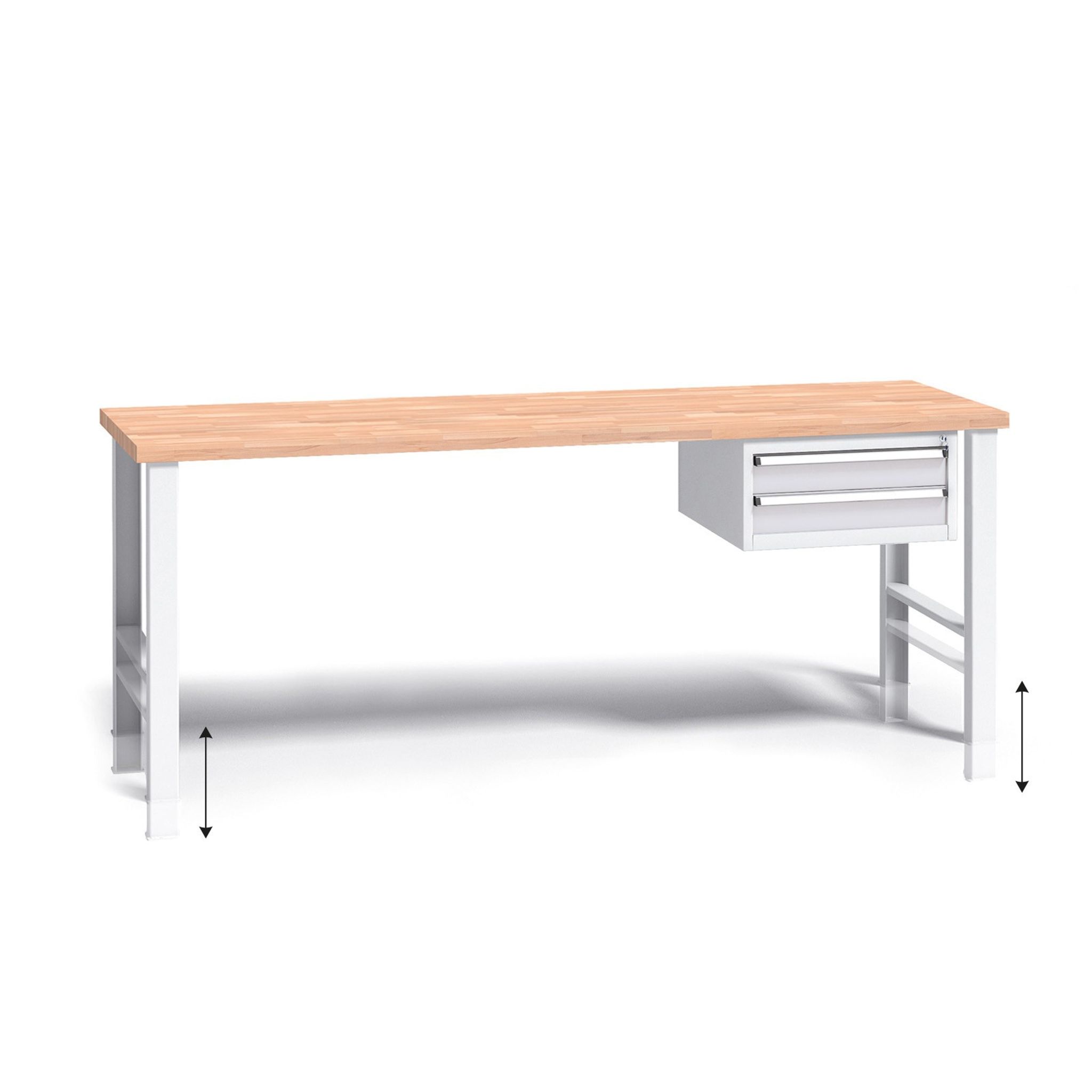 Výškovo nastaviteľný pracovný stôl do dielne G3 so závesným boxom na náradie, buková škárovka, 2 zásuvky, 2000 x 685 x 840 - 1050 mm, sivá