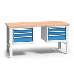 Výškovo nastaviteľný pracovný stôl do dielne WL s 2 závesnými boxami na náradie, buková škárovka, 6 zásuviek, 2000 x 685 x 840 - 1050 mm