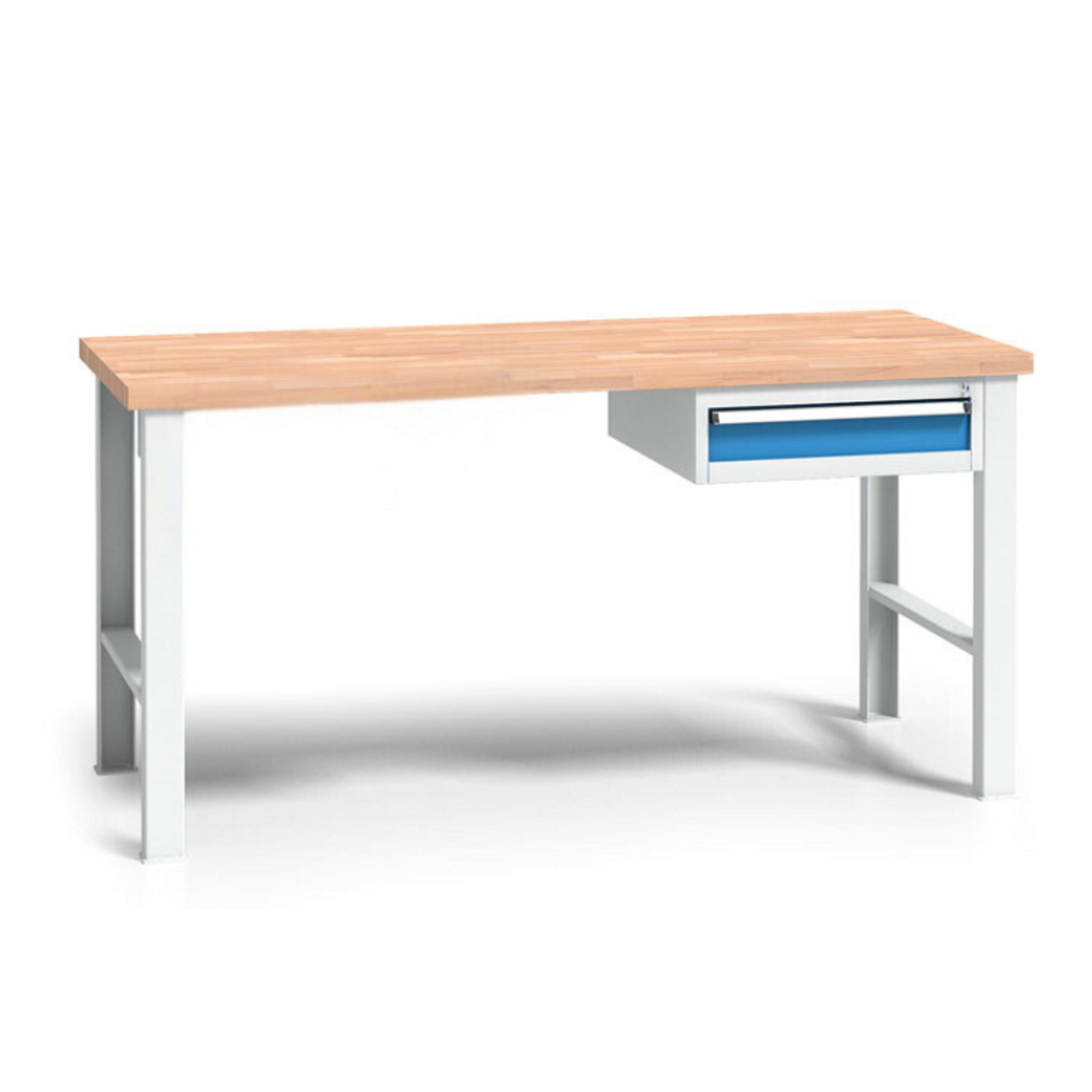 Výškovo nastaviteľný pracovný stôl do dielne WL so závesným boxom na náradie, buková škárovka, 1 zásuvka, 1500 x 685 x 840 - 1050 mm