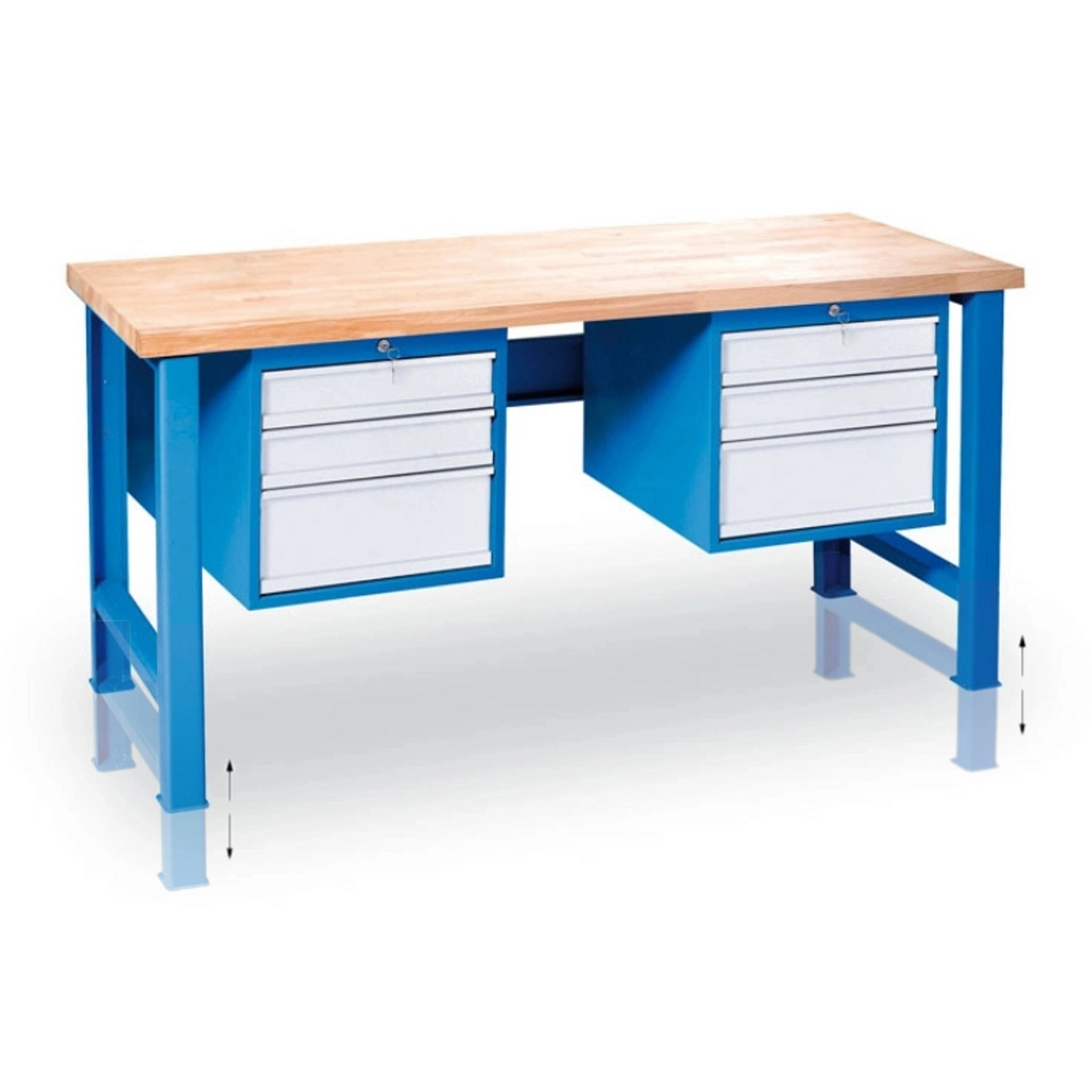 Výškovo nastaviteľný pracovný stôl GD s 2 závesnými boxami na náradie, buková škárovka, 6 zásuviek, 1700 x 685 x 850 - 1050 mm, modrá