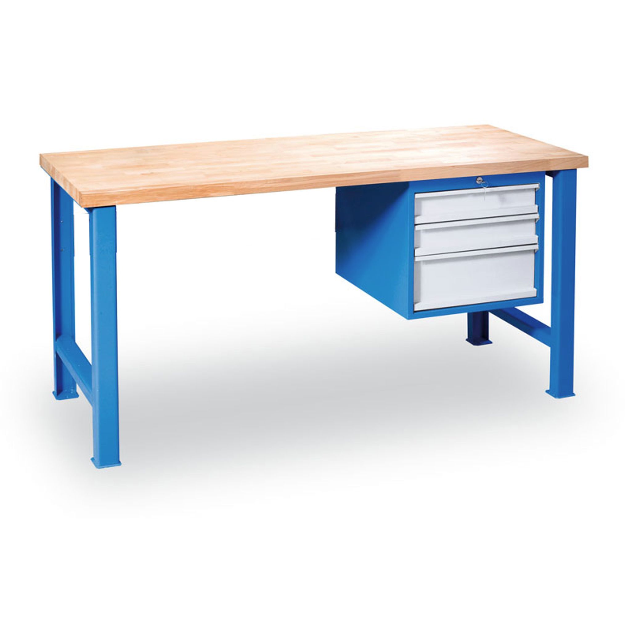 Výškovo nastaviteľný pracovný stôl GÜDE Variant so závesným boxom na náradie, buková škárovka, 3 zásuvky, 1200 x 685 x 850 - 1050 mm, modrá
