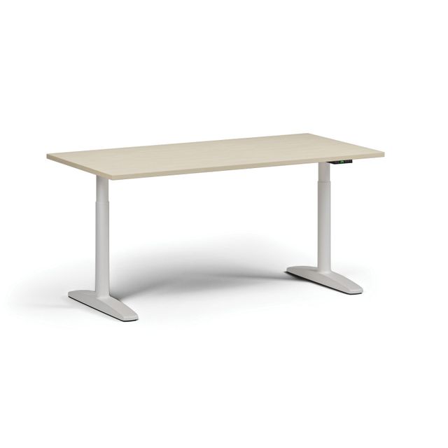 Výškovo nastaviteľný stôl OBOL, elektrický, 675-1325 mm, doska 1600x800 mm, biela zaoblená podnož, breza