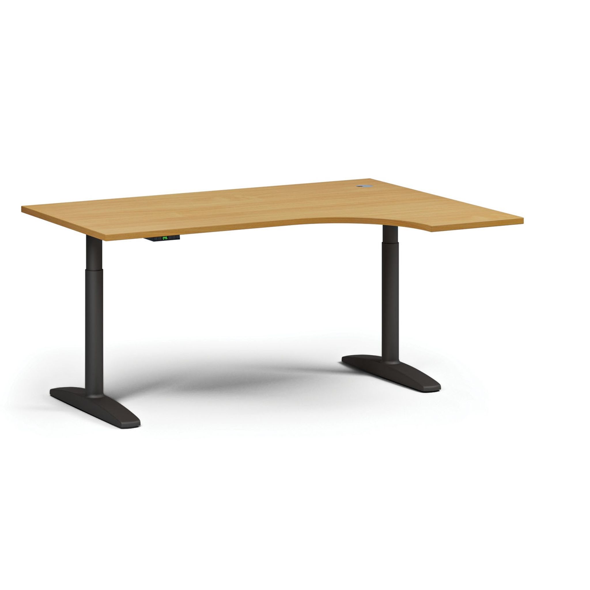 Výškovo nastaviteľný stôl OBOL, elektrický, 675-1325 mm, rohový pravý, doska 1600x1200 mm, čierna zaoblená podnož, buk