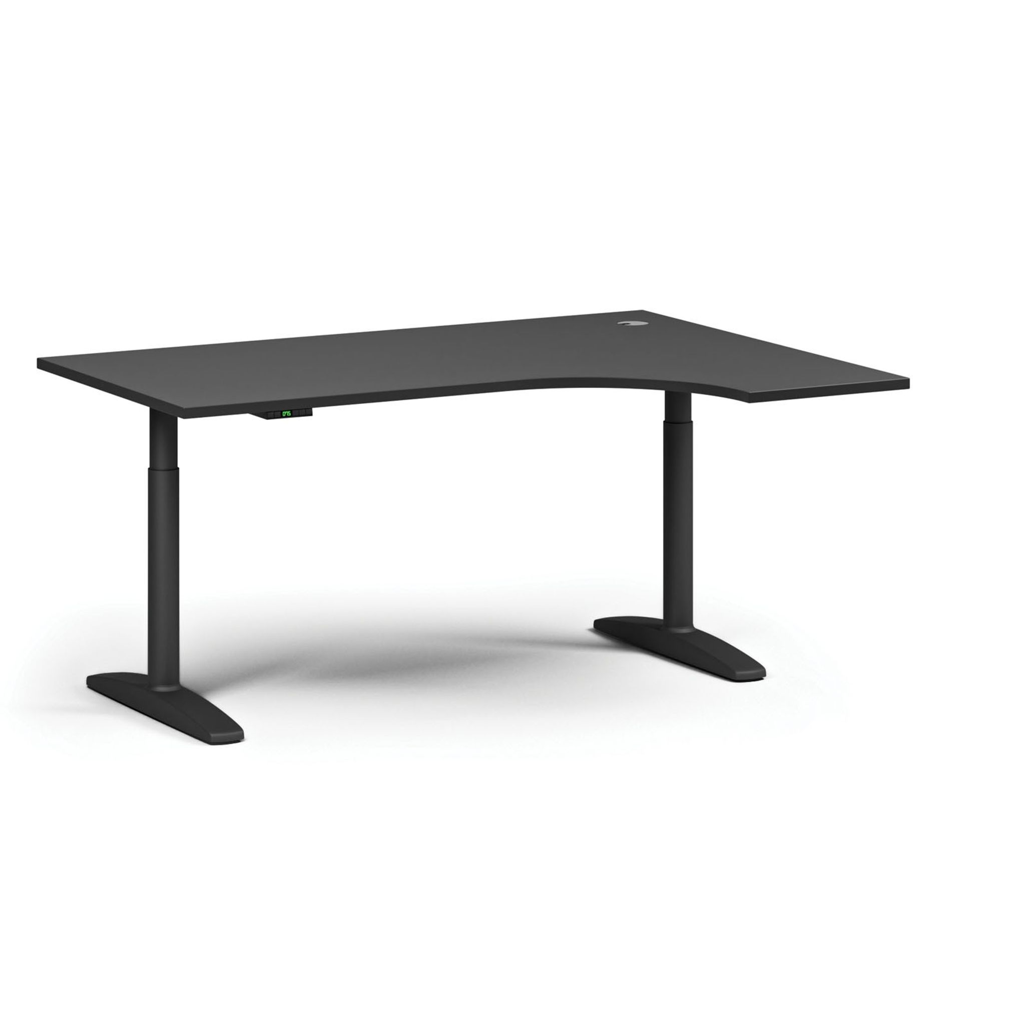 Výškovo nastaviteľný stôl OBOL, elektrický, 675-1325 mm, rohový pravý, doska 1600x1200 mm, čierna zaoblená podnož, grafit