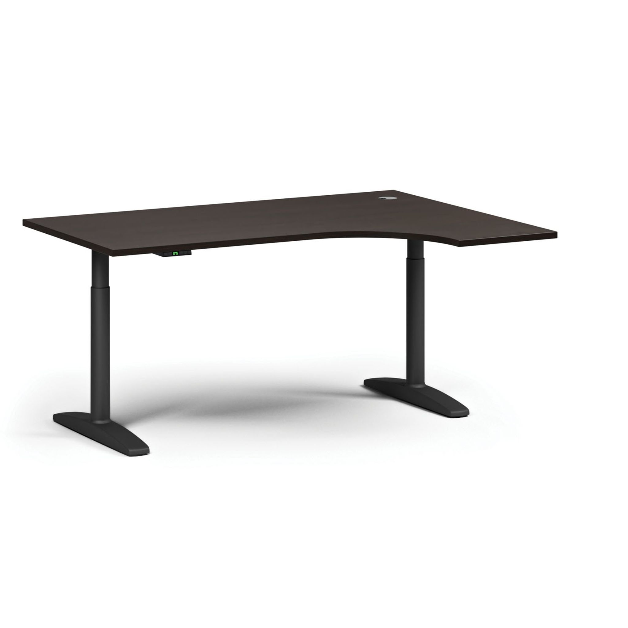 Výškovo nastaviteľný stôl OBOL, elektrický, 675-1325 mm, rohový pravý, doska 1600x1200 mm, čierna zaoblená podnož, wenge
