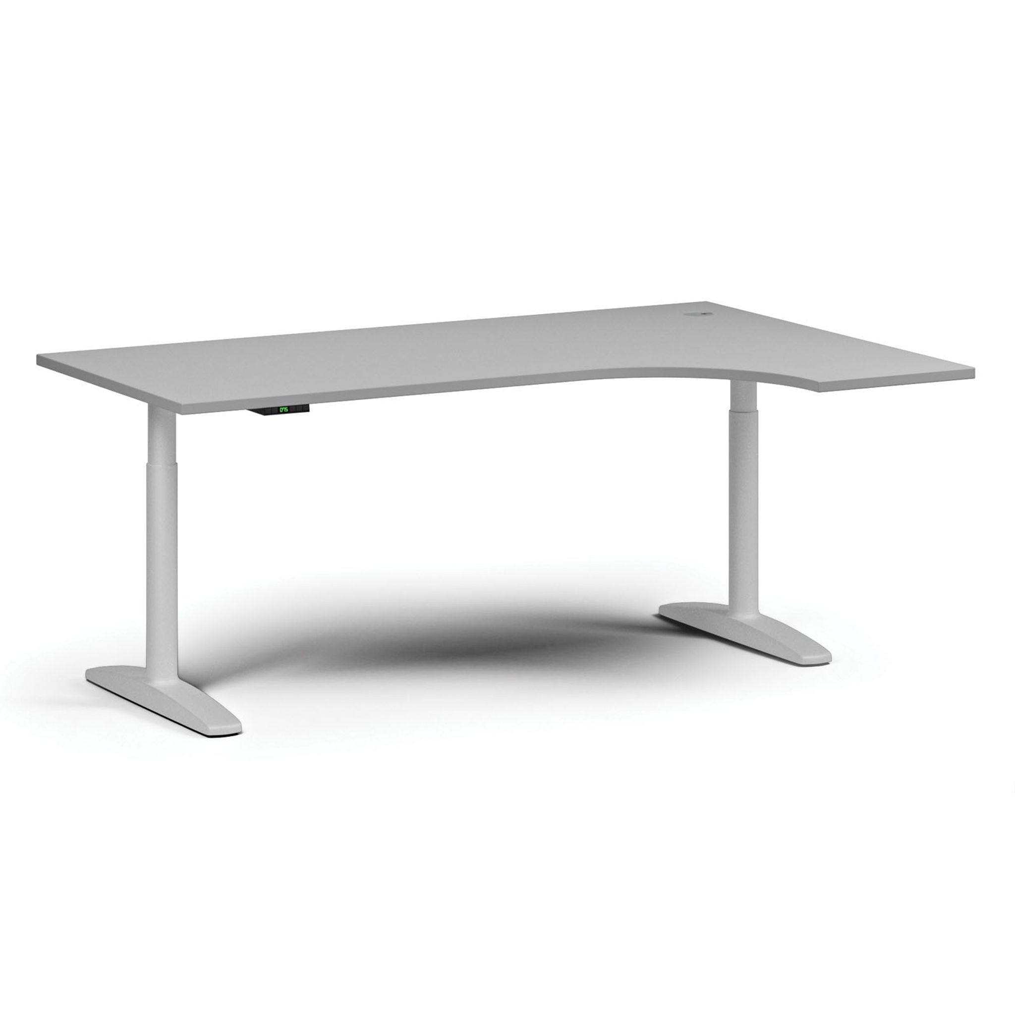 Výškovo nastaviteľný stôl OBOL, elektrický, 675-1325 mm, rohový pravý, doska 1800x1200 mm, biela zaoblená podnož, sivá
