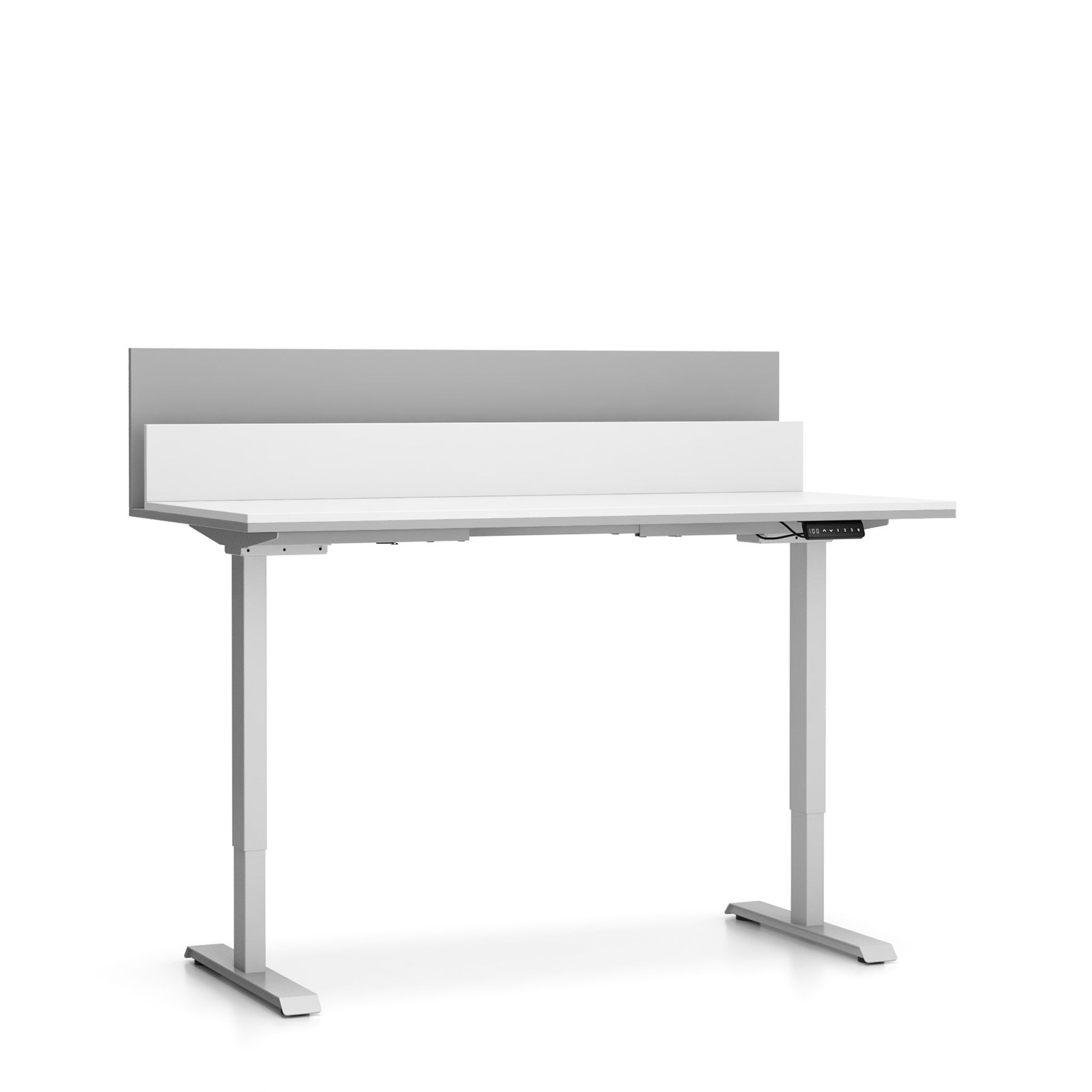 Výškovo nastaviteľný stôl SINGLE LAYERS, 160x80 cm, 2 motory, s prepážkami, biela/sivá