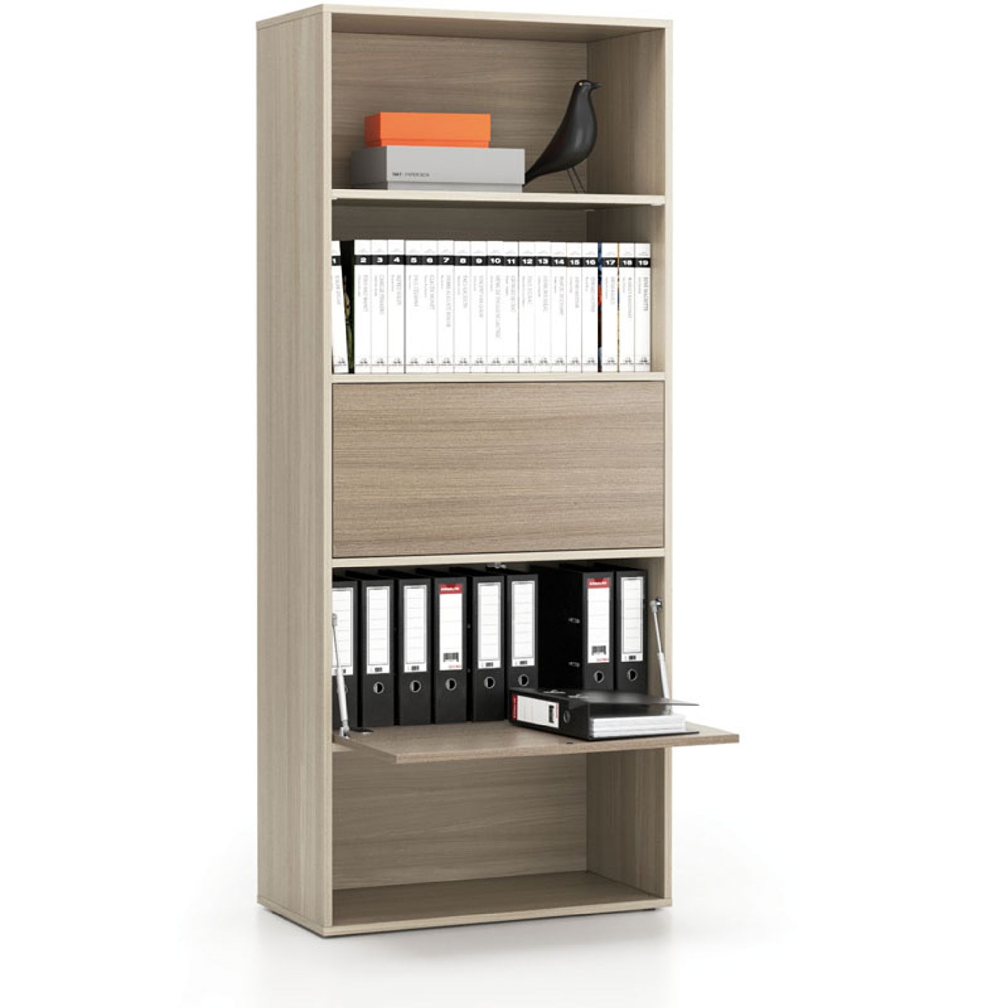 Vysoký kancelářský policový regál LAYERS, 2 boxy, 800 x 400 x 1905 mm, dub přírodní / dub mořený