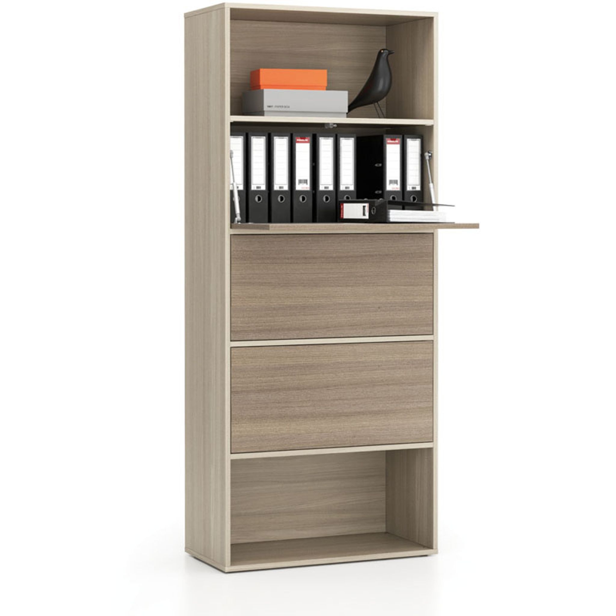 Vysoký kancelářský policový regál LAYERS, 3 boxy, 800 x 400 x 1905 mm, dub přírodní / dub mořený