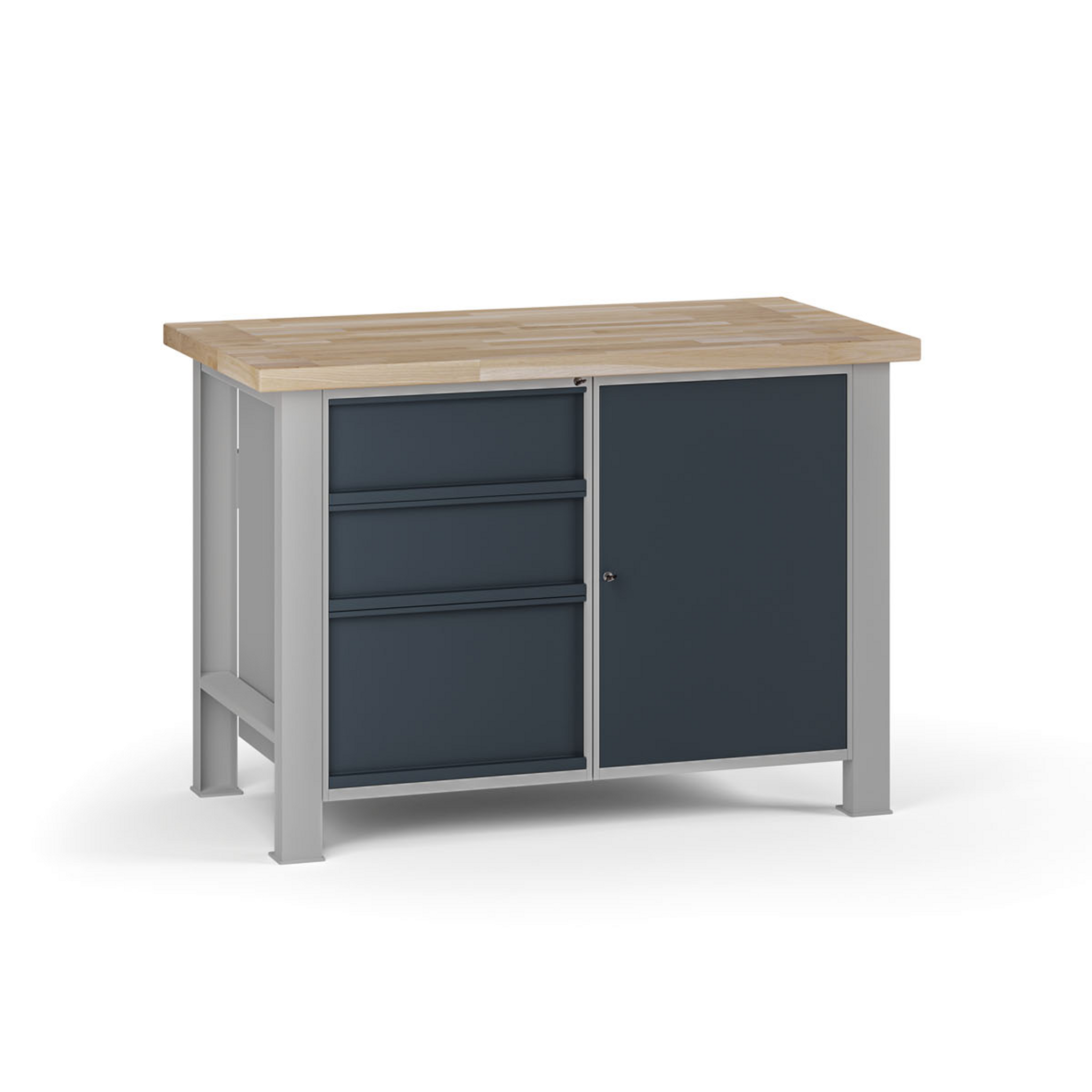 Werkbank G7, Buche-Leimholzplatte, 1200 x 685 x 840 mm, 1x Schrank, 3 Schubladen, Graphit Werkbank G7, Buche-Leimholzplatte, 1200 x 685 x 840 mm, 1x Schrank, 3 Schubladen, Graphit