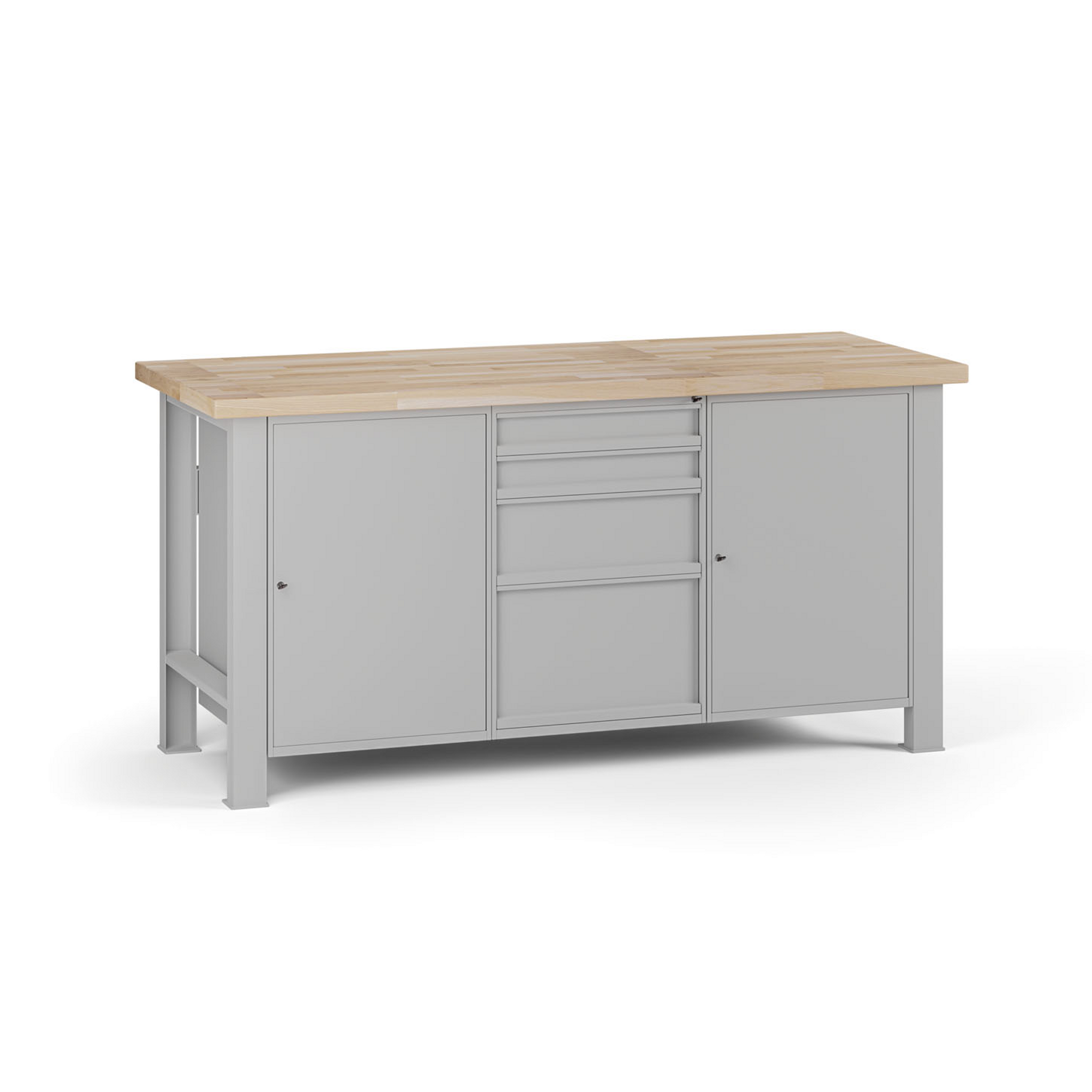 Werkbank G7, Buche-Leimholzplatte, 1700 x 685 x 840 mm, 2x Schrank, 4 Schubladen, grau Werkbank G7, Buche-Leimholzplatte, 1700 x 685 x 840 mm, 2x Schrank, 4 Schubladen, grau