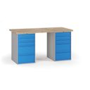 Werkbank G7, Buche-Leimholzplatte, 1700 x 800 x 840 mm, 2x Container, 10 Schubladen, blau