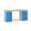 Werkbank G7, Buche-Leimholzplatte, 2000 x 685 x 840 mm, 2x Container, 10 Schubladen, blau