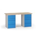 Werkbank G7, Buche-Leimholzplatte, 2000 x 800 x 840 mm, 2x Container, 10 Schubladen, blau