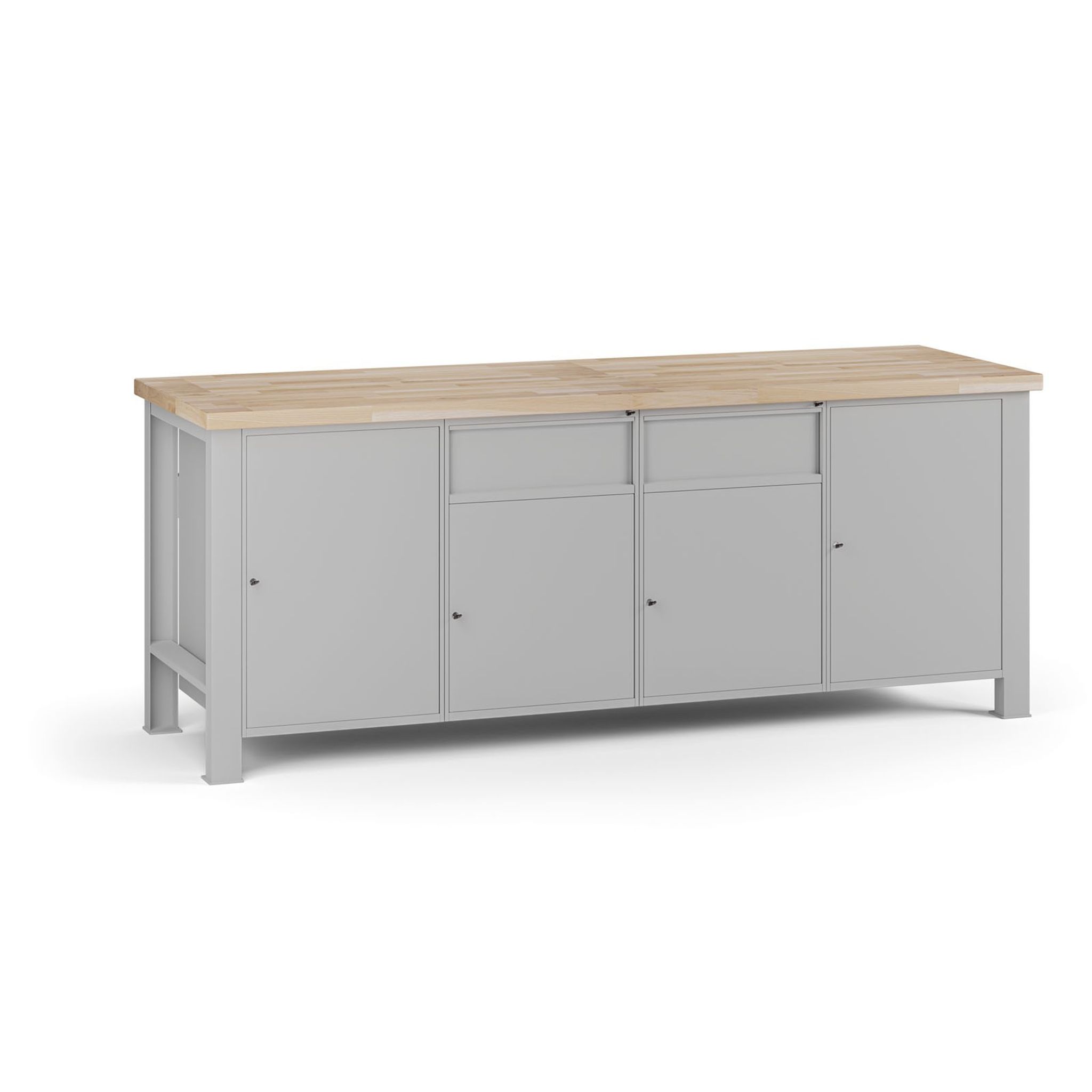 Werkbank G7, Buche-Leimholzplatte, 2100 x 685 x 840 mm, 4x Schrank, 2 Schubladen, grau Werkbank G7, Buche-Leimholzplatte, 2100 x 685 x 840 mm, 4x Schrank, 2 Schubladen, grau