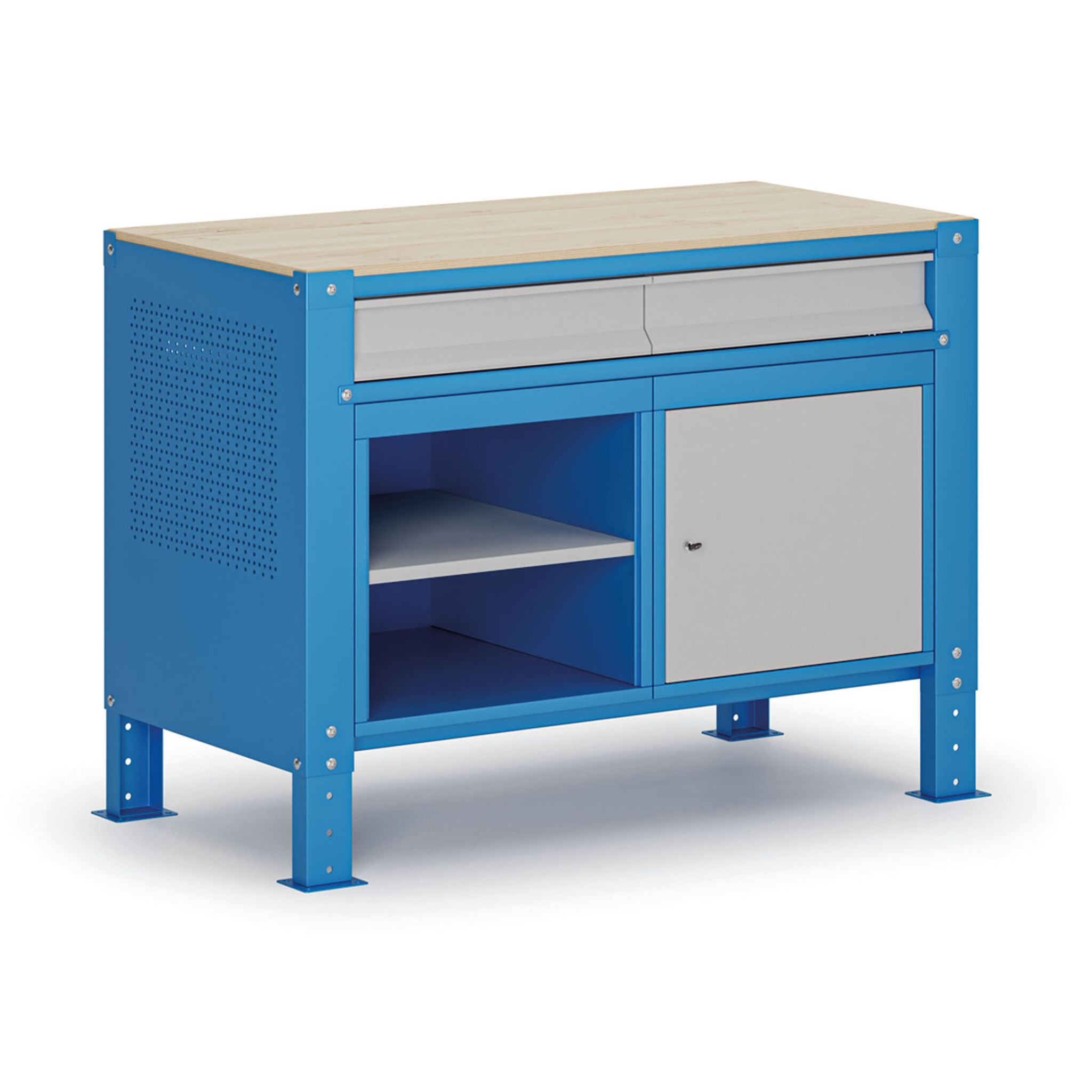 Werkbank G9, 1 Ablage, 1 Schrank, 2 Schubladen, höhenverstellbar, 1180 x 595 x 715-975 mm, grau/blau