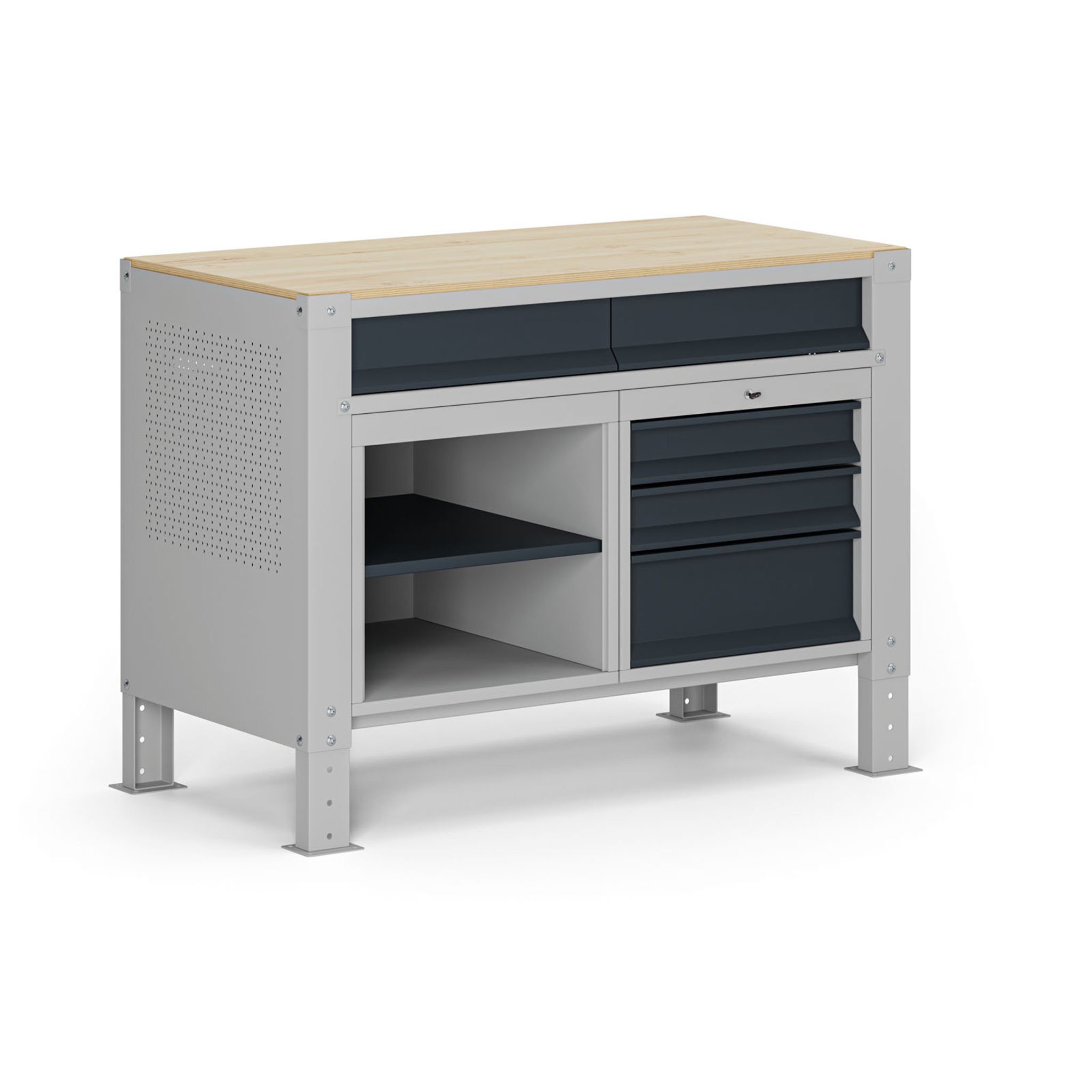 Werkbank G9, 1 Ablage, 1 Schrank, 2 Schubladen, höhenverstellbar, 1180 x 595 x 715-975 mm, grau/Graphit
