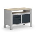 Werkbank G9, 1 Ablage, 1 Schrank, 3 Schubladen, höhenverstellbar, 1180 x 595 x 715-975 mm, grau/Graphit