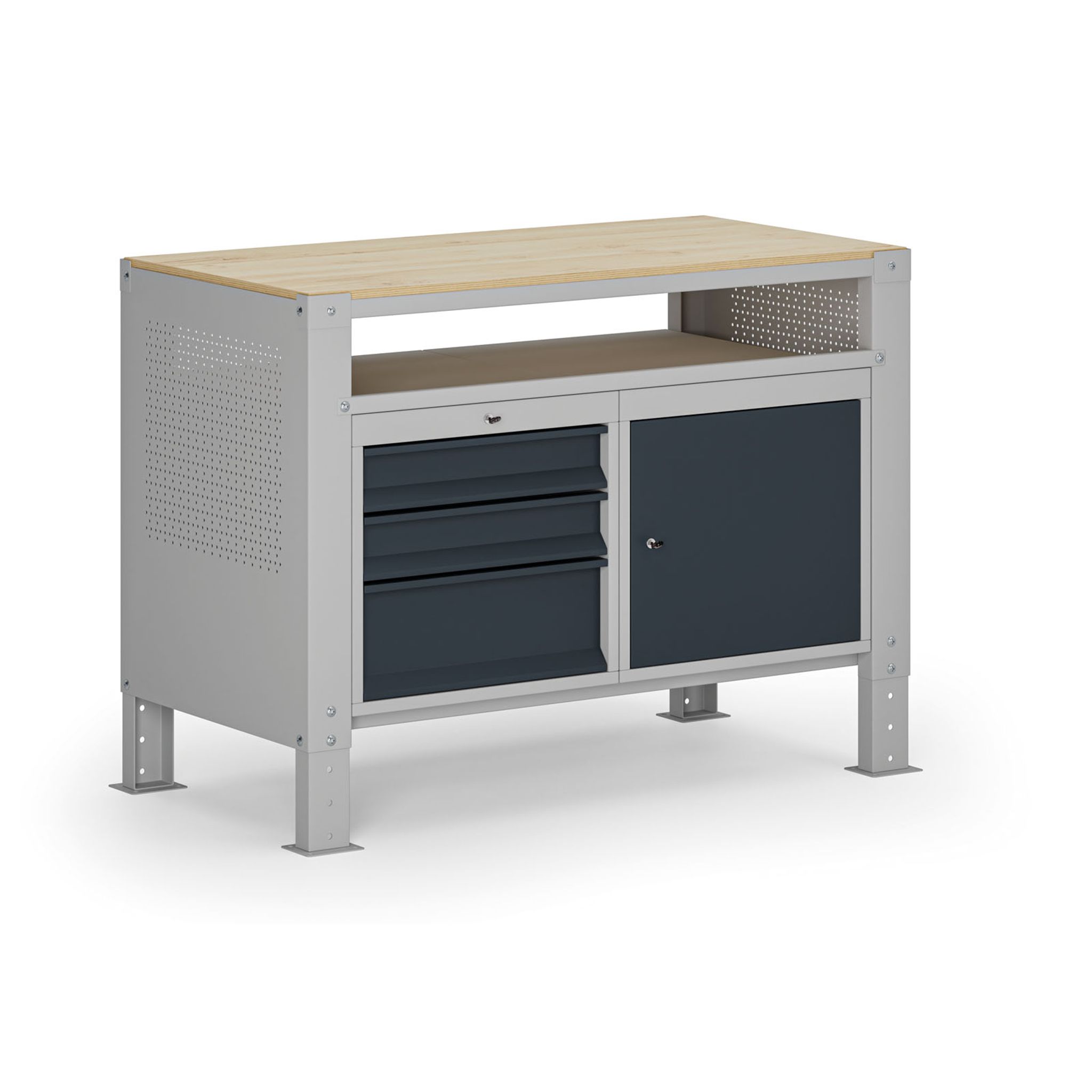 Werkbank G9, 1 Ablage, 1 Schrank, 3 Schubladen, höhenverstellbar, 1180 x 595 x 715-975 mm, grau/Graphit