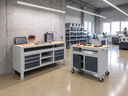 Werkbank G9, 1 Ablage, 1 Schrank, 3 Schubladen, höhenverstellbar, 1180 x 595 x 715-975 mm, grau/Graphit