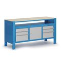 Werkbank G9, 1 Ablage, 1 Schrank, 6 Schubladen, höhenverstellbar, 1690 x 595 x 715-975 mm, grau/blau