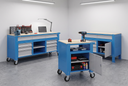Werkbank G9, 1 Ablage, 1 Schrank, 6 Schubladen, höhenverstellbar, 1690 x 595 x 715-975 mm, grau/blau