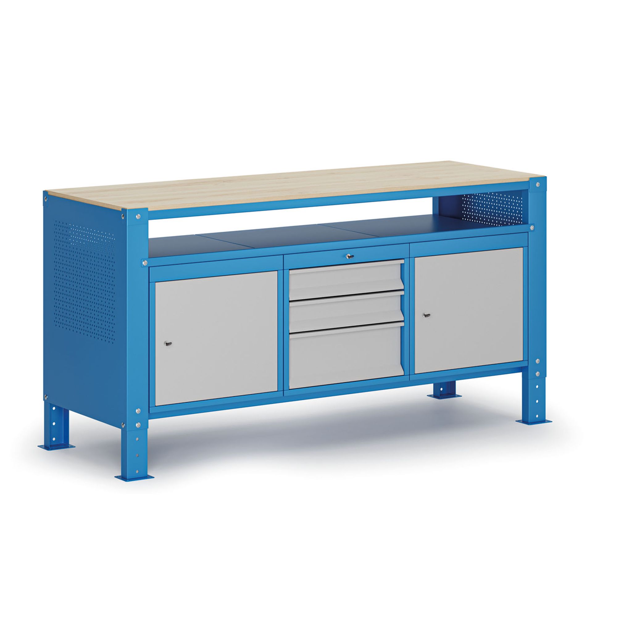 Werkbank G9, 1 Ablage, 2 Schränke, 3 Schubladen, höhenverstellbar, 1690 x 595 x 715-975 mm, grau/blau