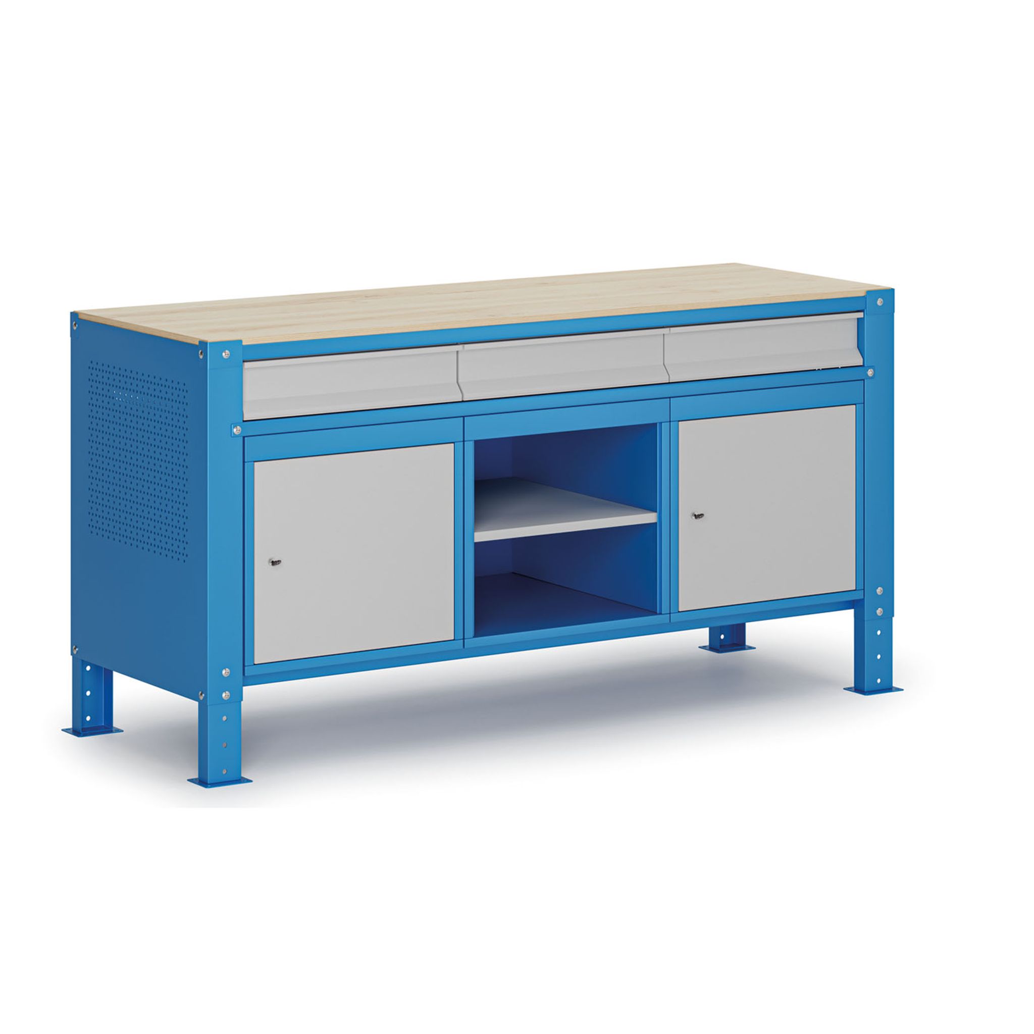 Werkbank G9, 1 Ablage, 2 Schränke, 3 Schubladen, höhenverstellbar, 1690 x 595 x 715-975 mm, grau/blau