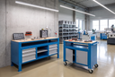 Werkbank G9, 1 Ablage, 2 Schränke, 3 Schubladen, höhenverstellbar, 1690 x 595 x 715-975 mm, grau/blau