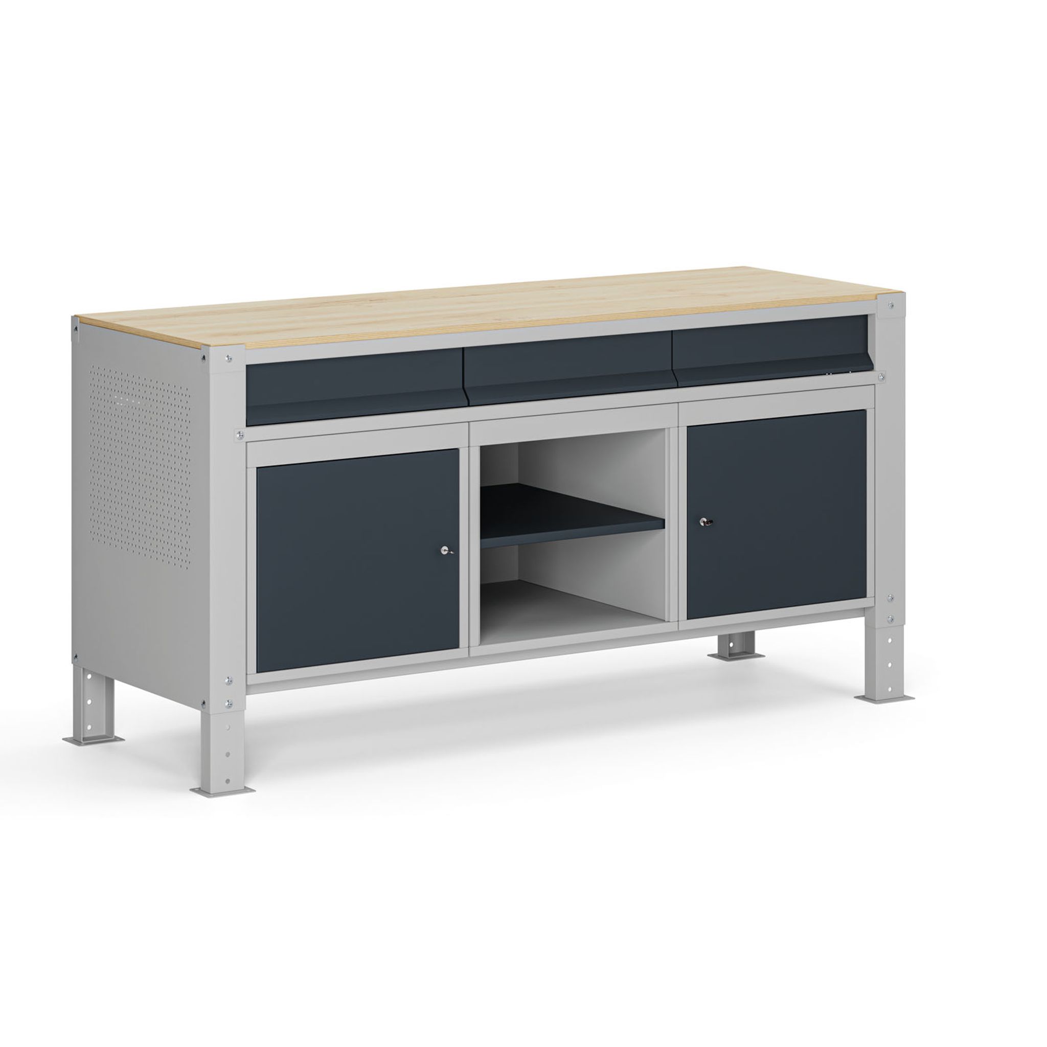 Werkbank G9, 1 Ablage, 2 Schränke, 3 Schubladen, höhenverstellbar, 1690 x 595 x 715-975 mm, grau/Graphit Werkbank G9, 1 Ablage, 2 Schränke, 3 Schubladen, höhenverstellbar, 1690 x 595 x 715-975 mm, grau/Graphit