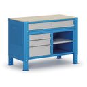 Werkbank G9, 1 Ablage, 5 Schubladen, höhenverstellbar, 1180 x 595 x 715-975 mm, grau/blau